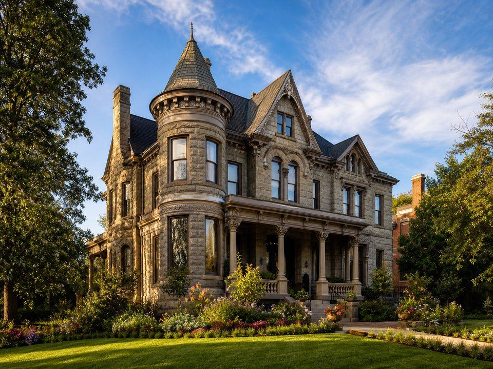 Restored Victorian-era house with stone facade and ornate trim