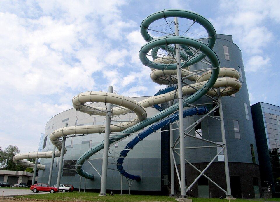 Water park with slides and pools on a sunny day