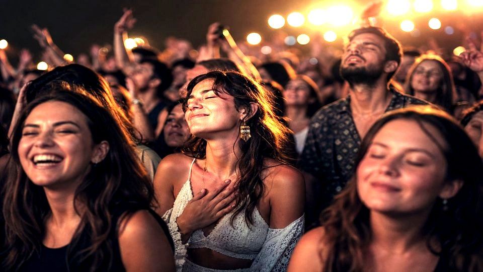 Concertgoers with hands raised at Red Rocks