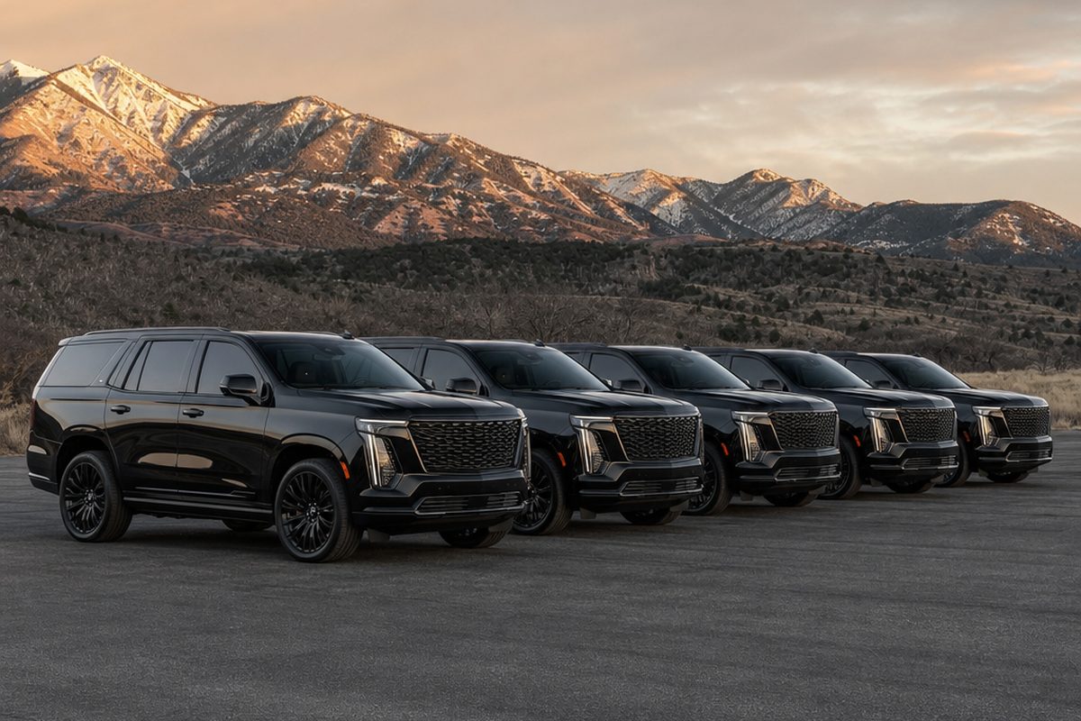 Lineup of black Arion luxury SUVs in front of the Colorado Rocky Mountains at sunset