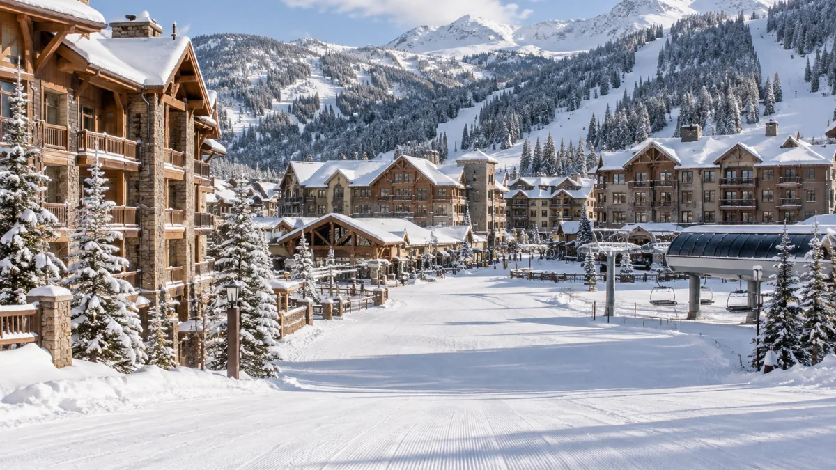 Snowmass Village base area under fresh snow with a wide beginner slope running into the village