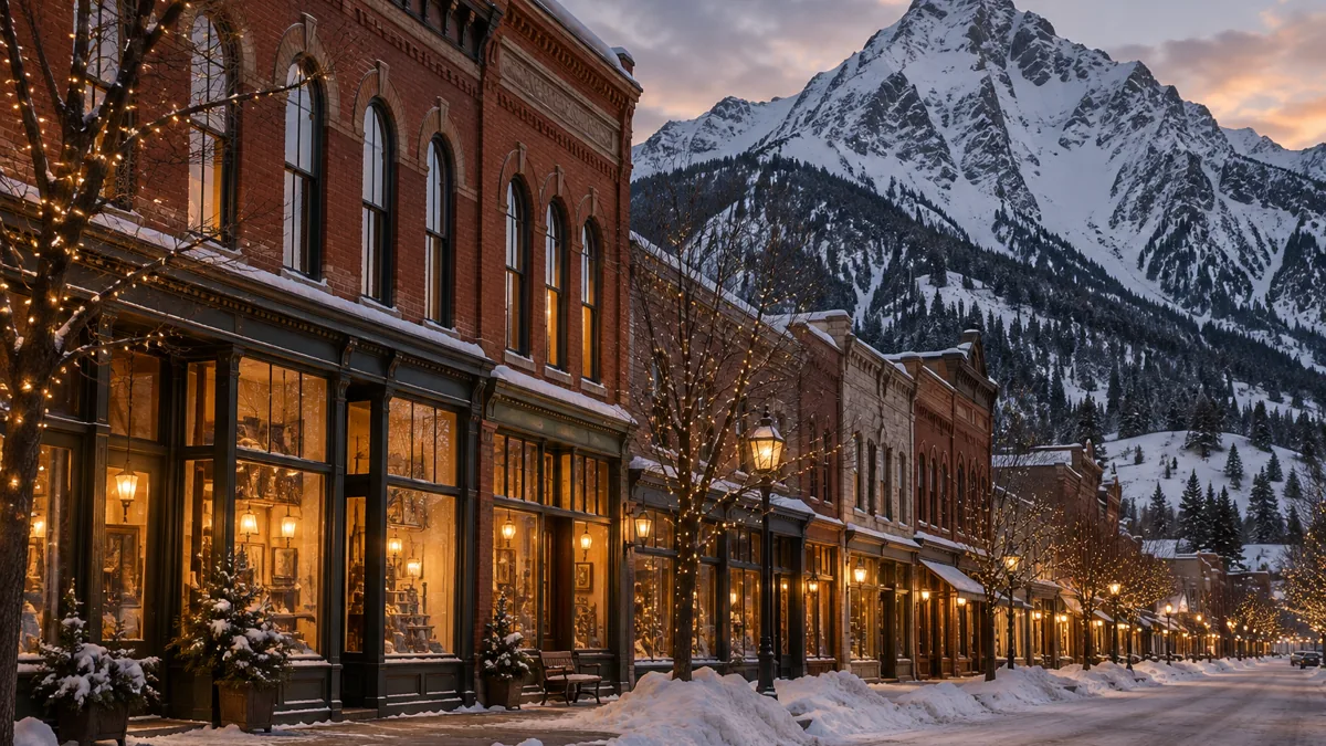 Victorian brick storefronts on Aspen's main street under snow at dusk, with the ski mountain behind