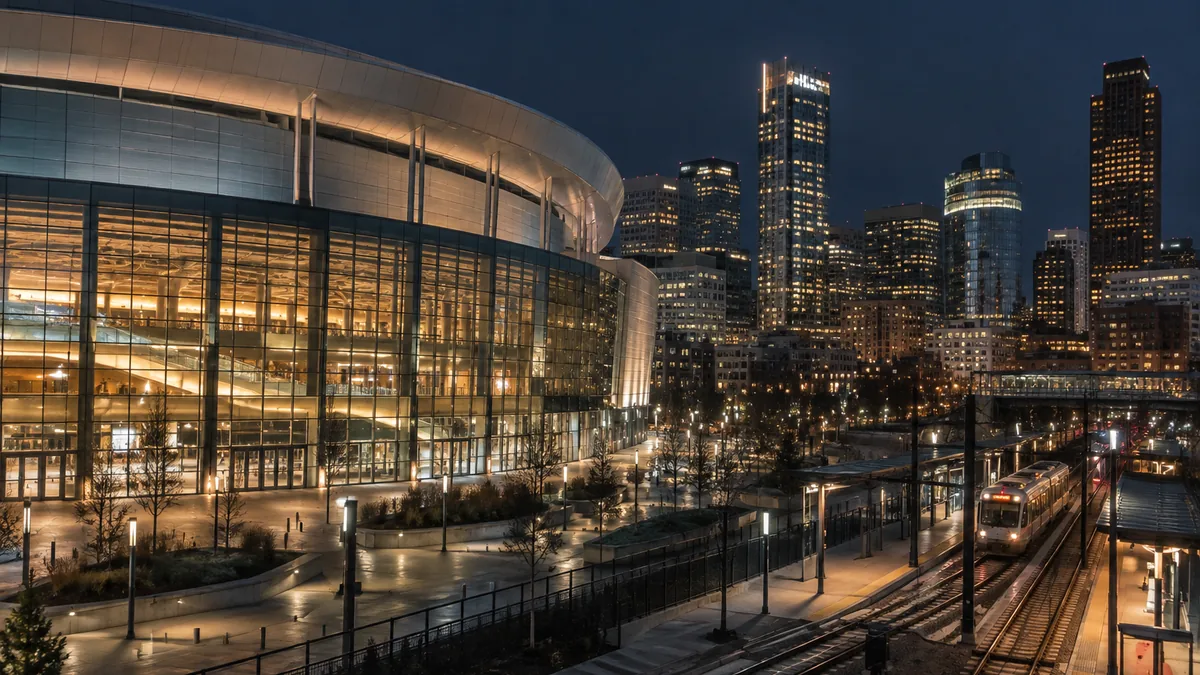 Arena and downtown Denver skyline at night