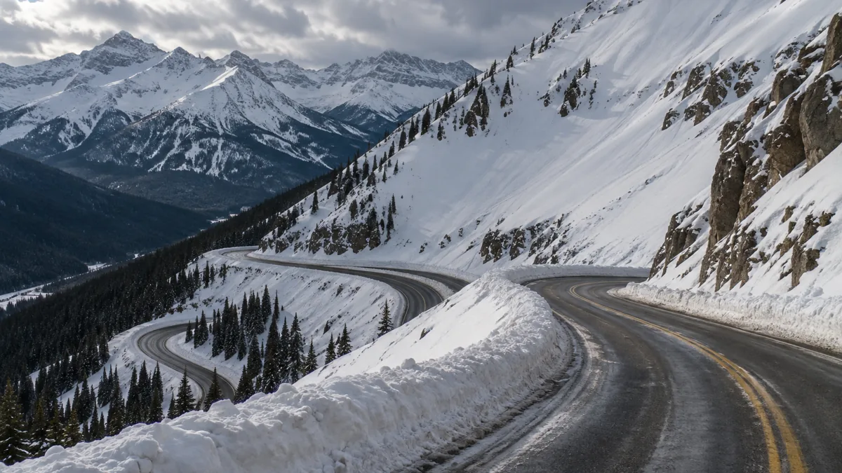 Snowy mountain highway switchbacks to Colorado resort towns