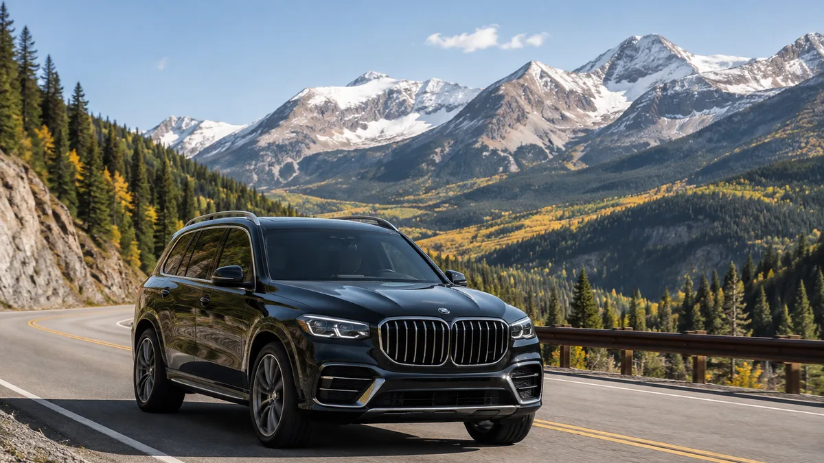 a black luxury SUV on a Colorado mountain highway with peaks behind