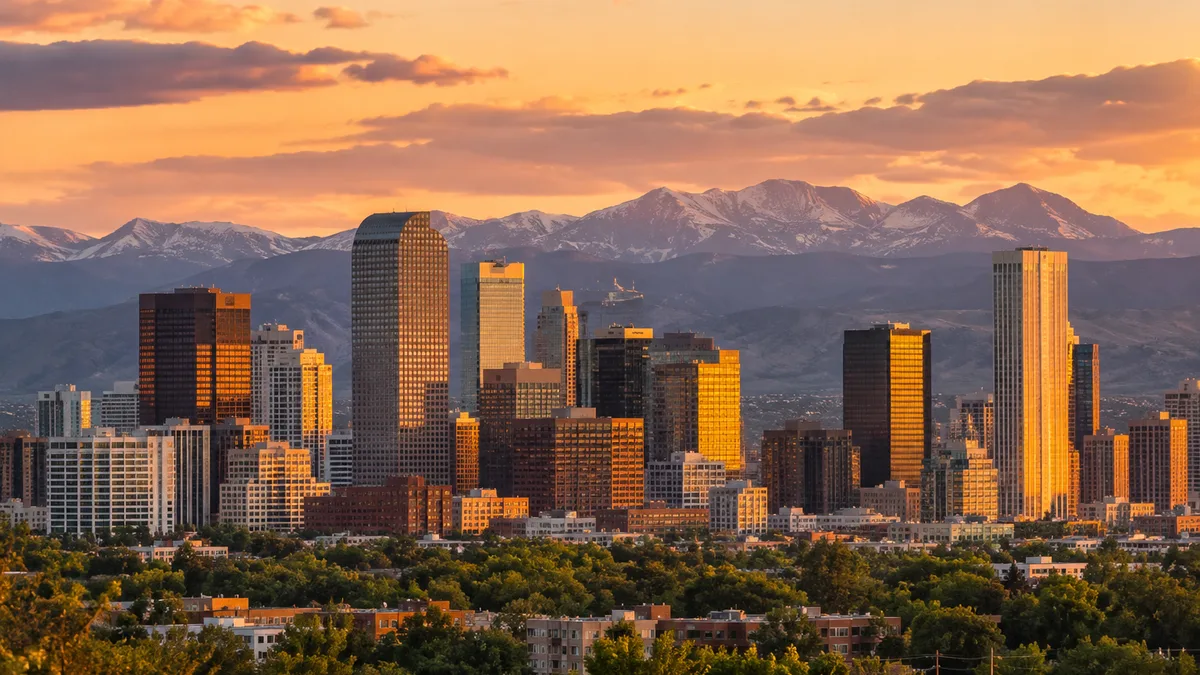the downtown Denver skyline at dusk with the Front Range behind