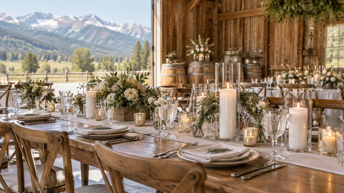 a wedding reception table setting with candles in a Colorado barn venue