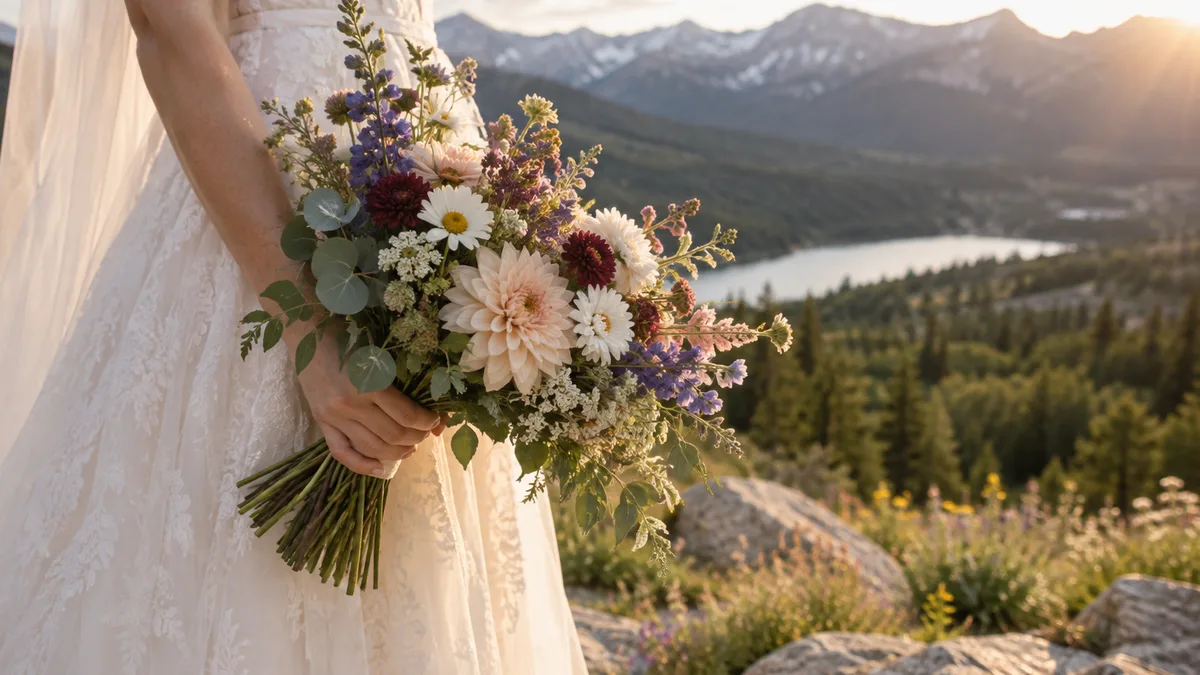 a bridal bouquet of seasonal Colorado flowers held by a bride