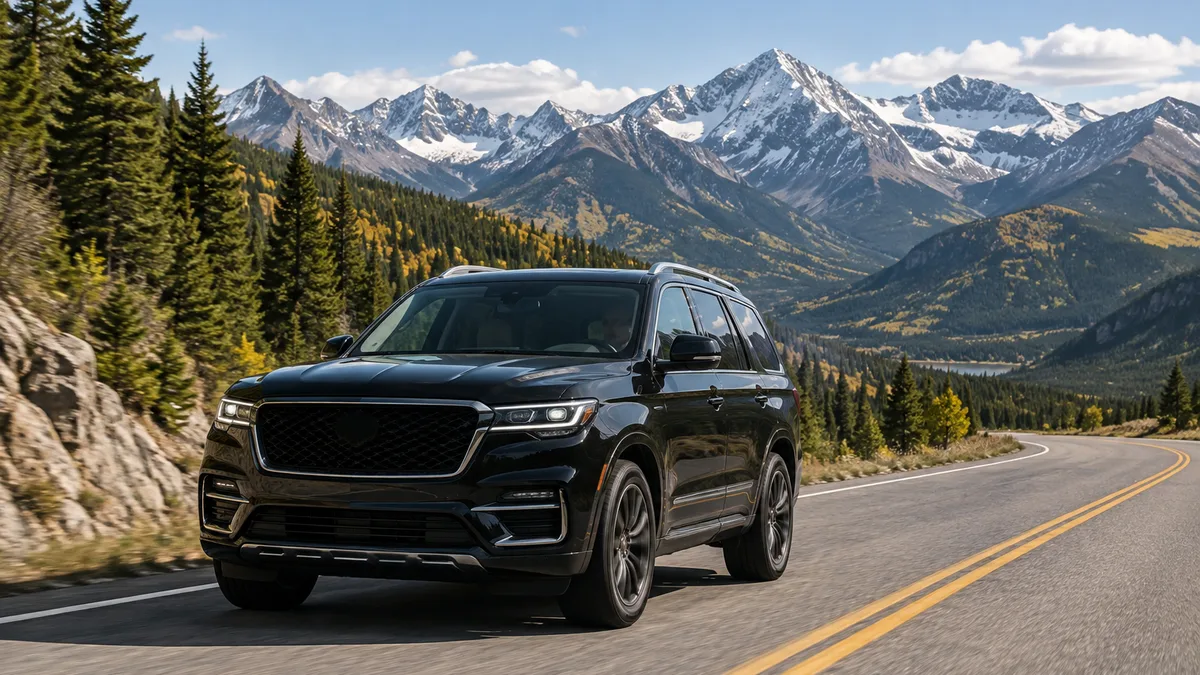 a black luxury SUV on a Colorado mountain highway with peaks behind