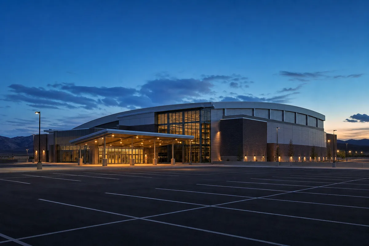 Exterior of a mid-size Colorado arena at blue hour with empty parking lot in the foreground