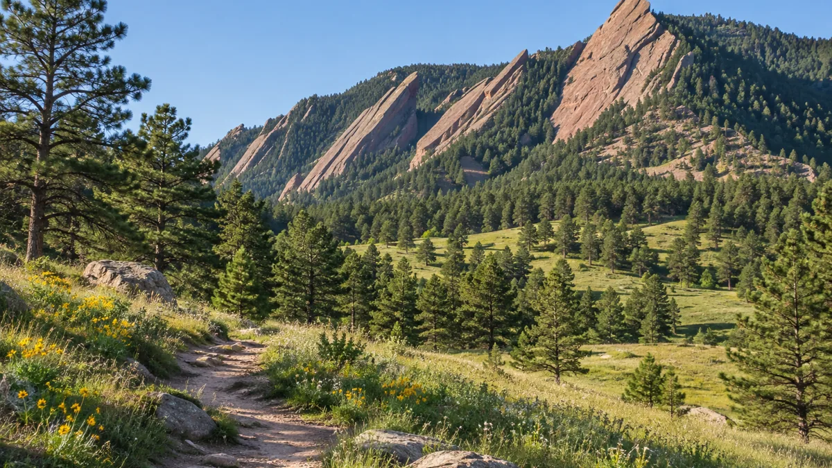 The Flatirons rising above meadow and pines on the edge of Boulder in morning light