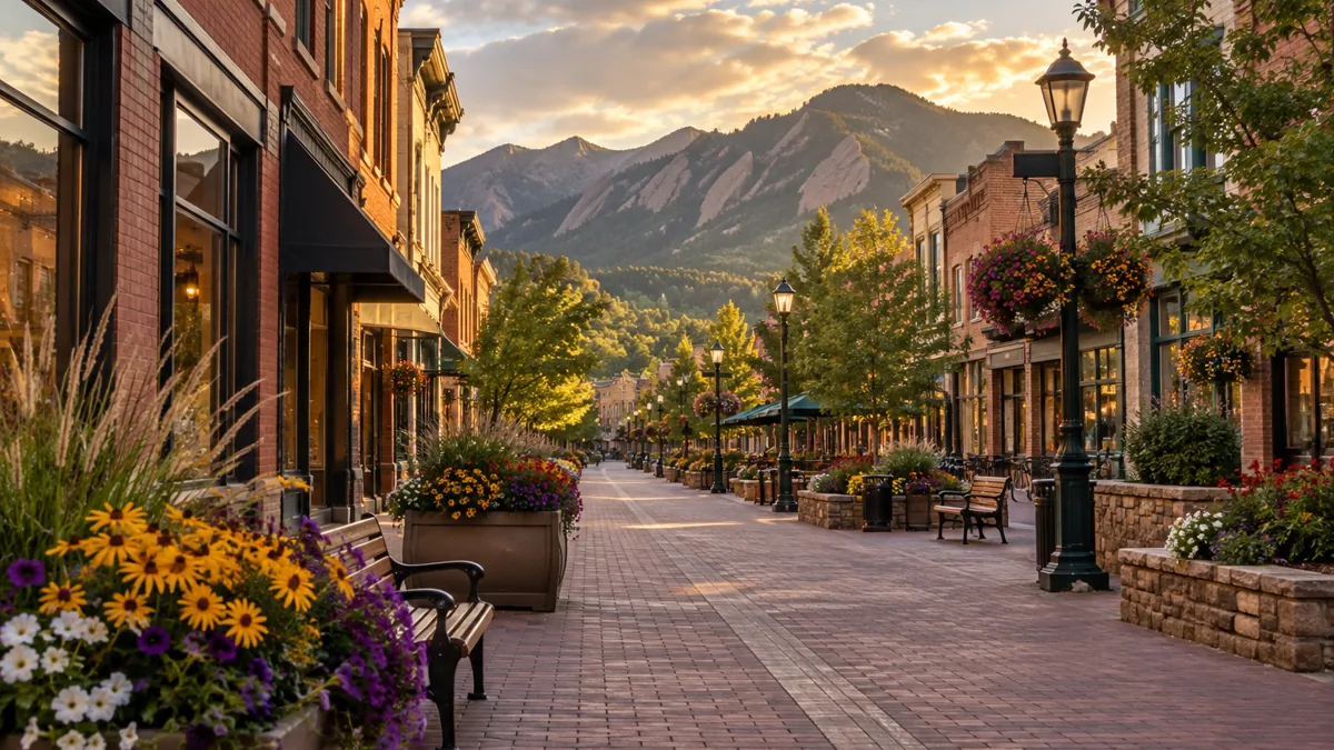 Brick pedestrian mall lined with storefronts and flower planters in Boulder with mountains at the end of the street