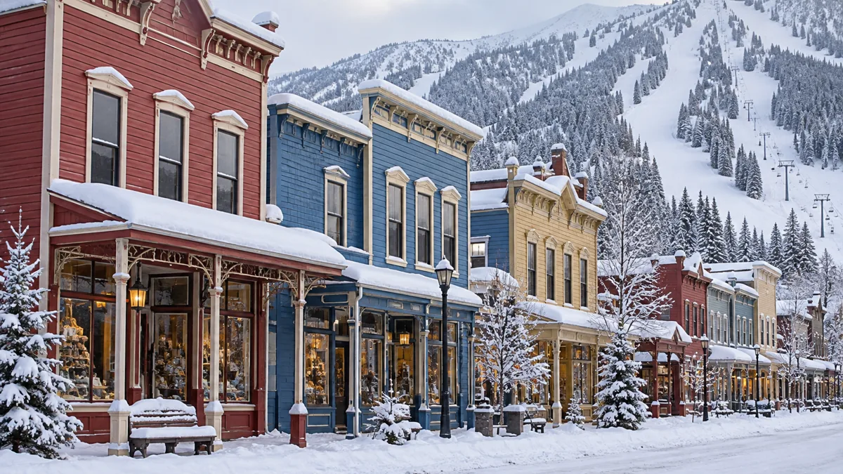 Painted Victorian false-front buildings on Breckenridge Main Street under fresh snow