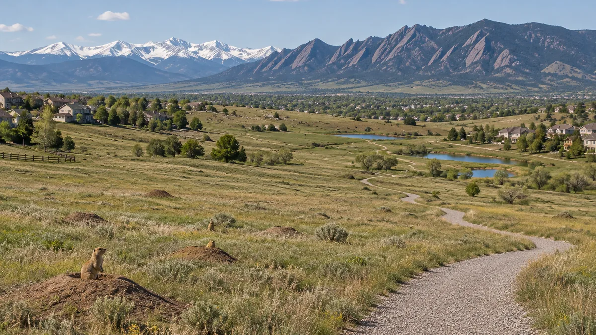 Broomfield open space with the Flatirons to the west