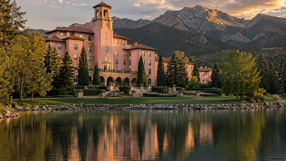 The Broadmoor hotel and its lake at golden hour