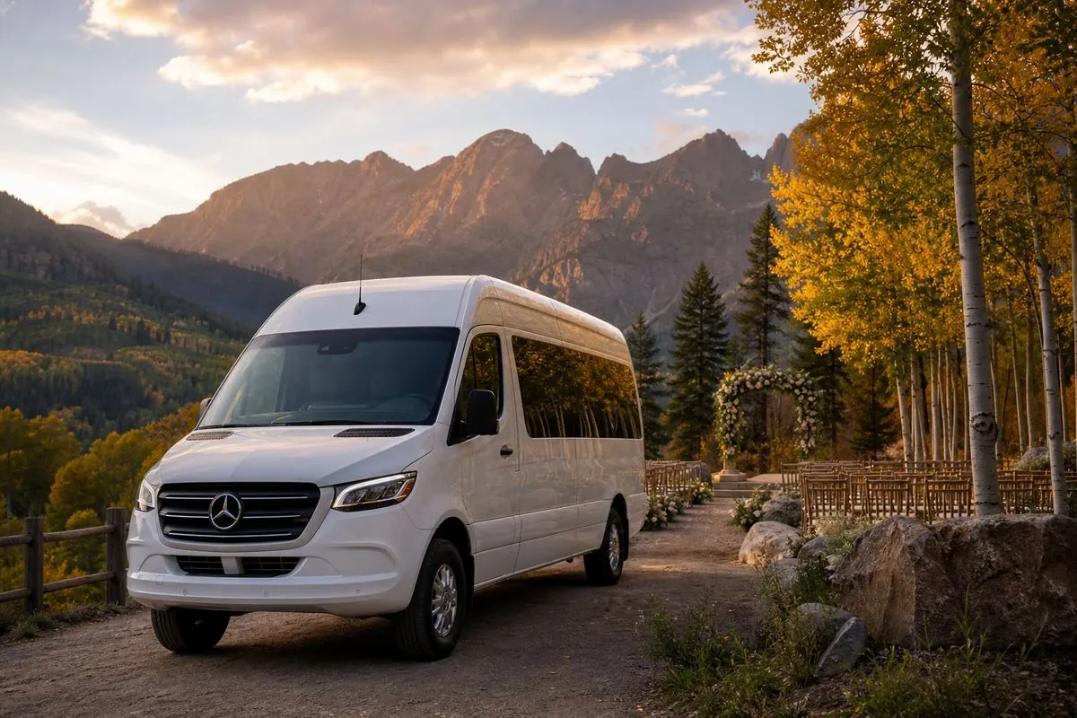 Chauffeured van at a Colorado mountain wedding venue — Arion wedding transportation