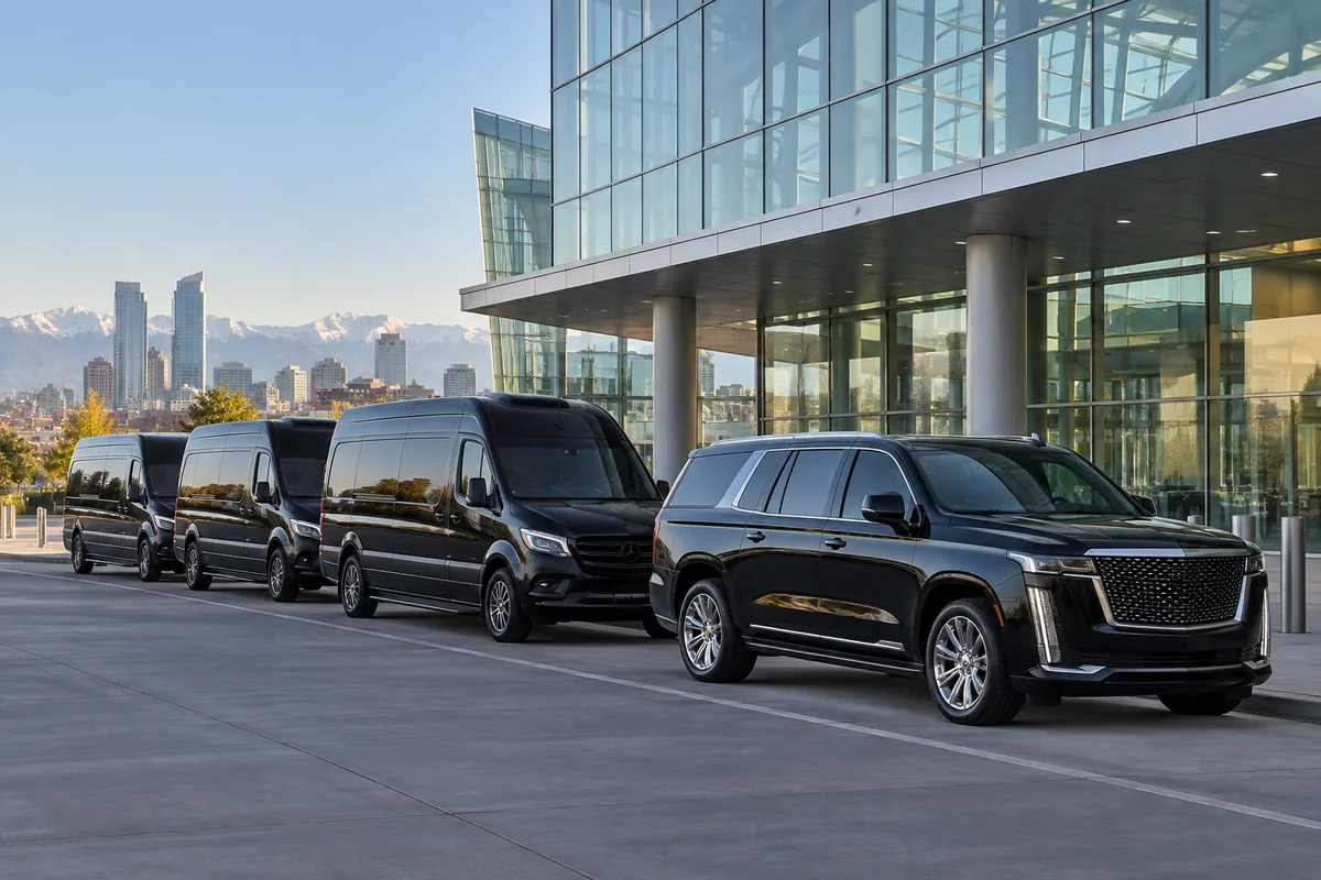 Black Sprinter vans and an Escalade staged at a Denver convention centre entrance