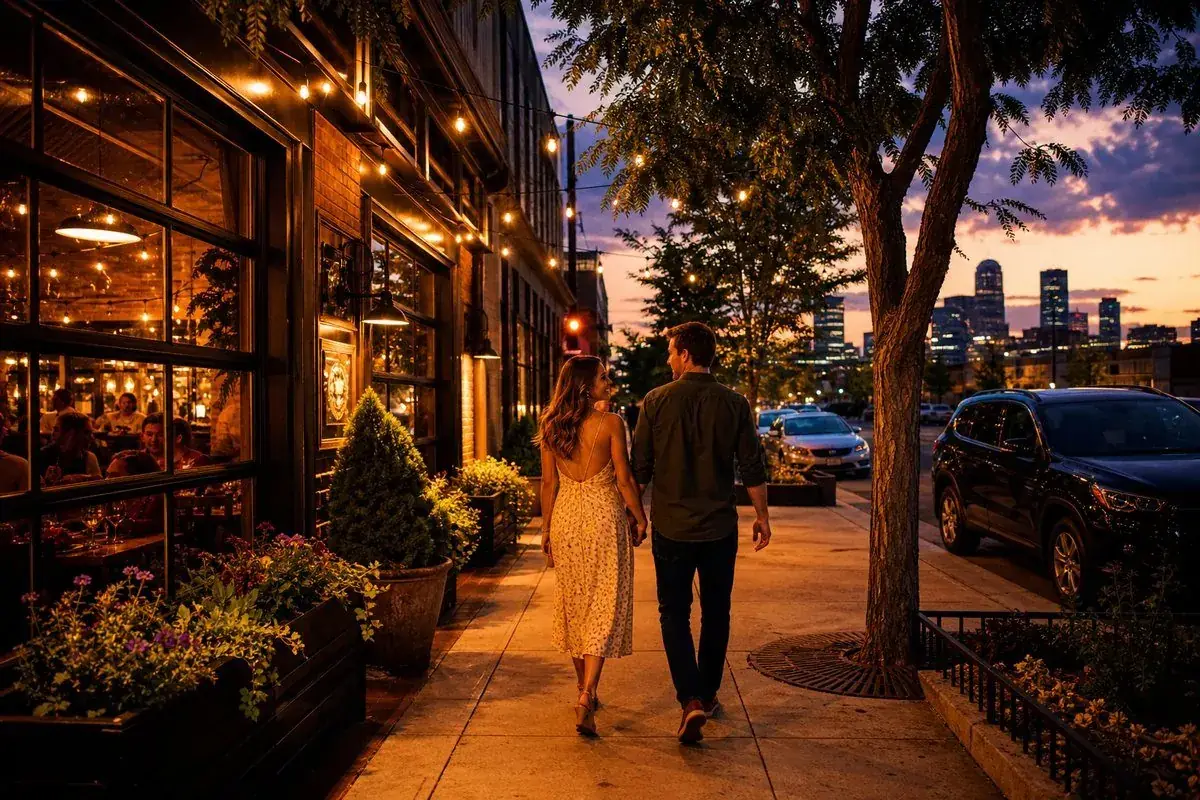 Denver street at dusk with warm restaurant lighting and couple walking