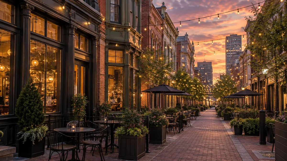 A historic downtown Denver block strung with lights at dusk