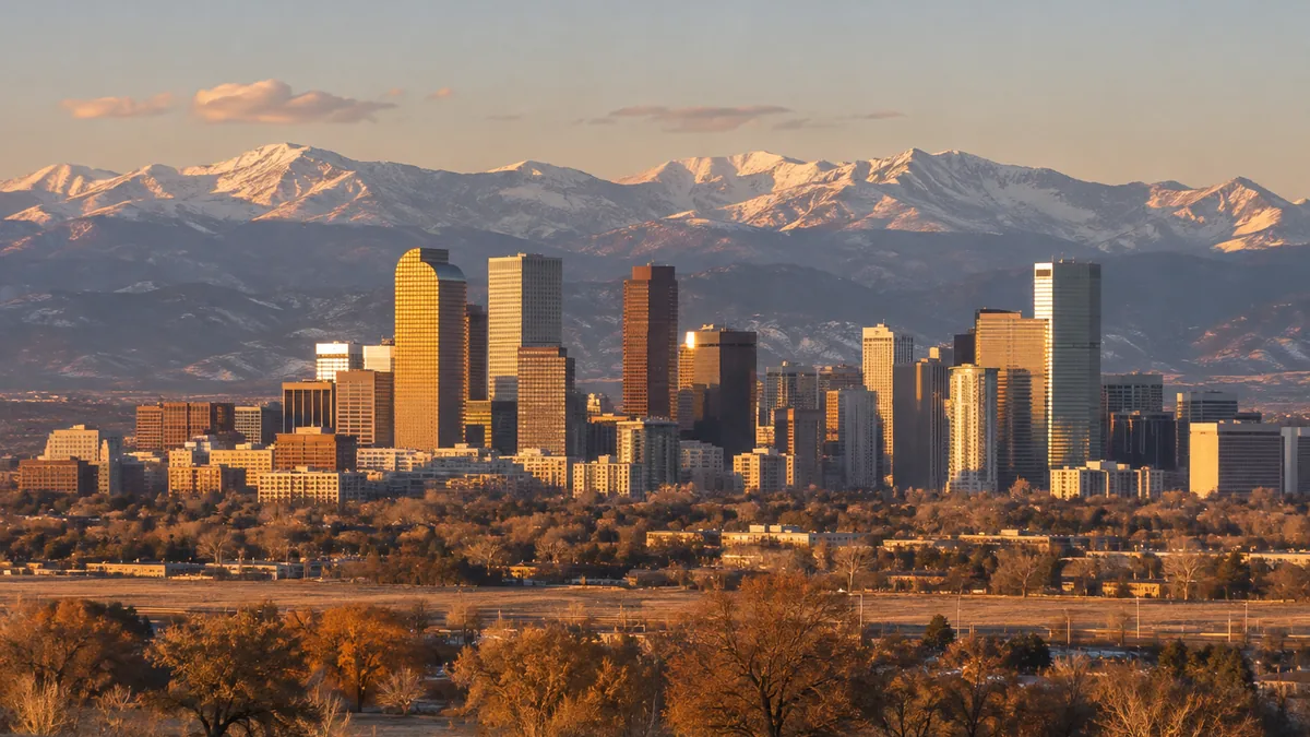 The downtown Denver skyline at golden hour with the snow-capped front range behind