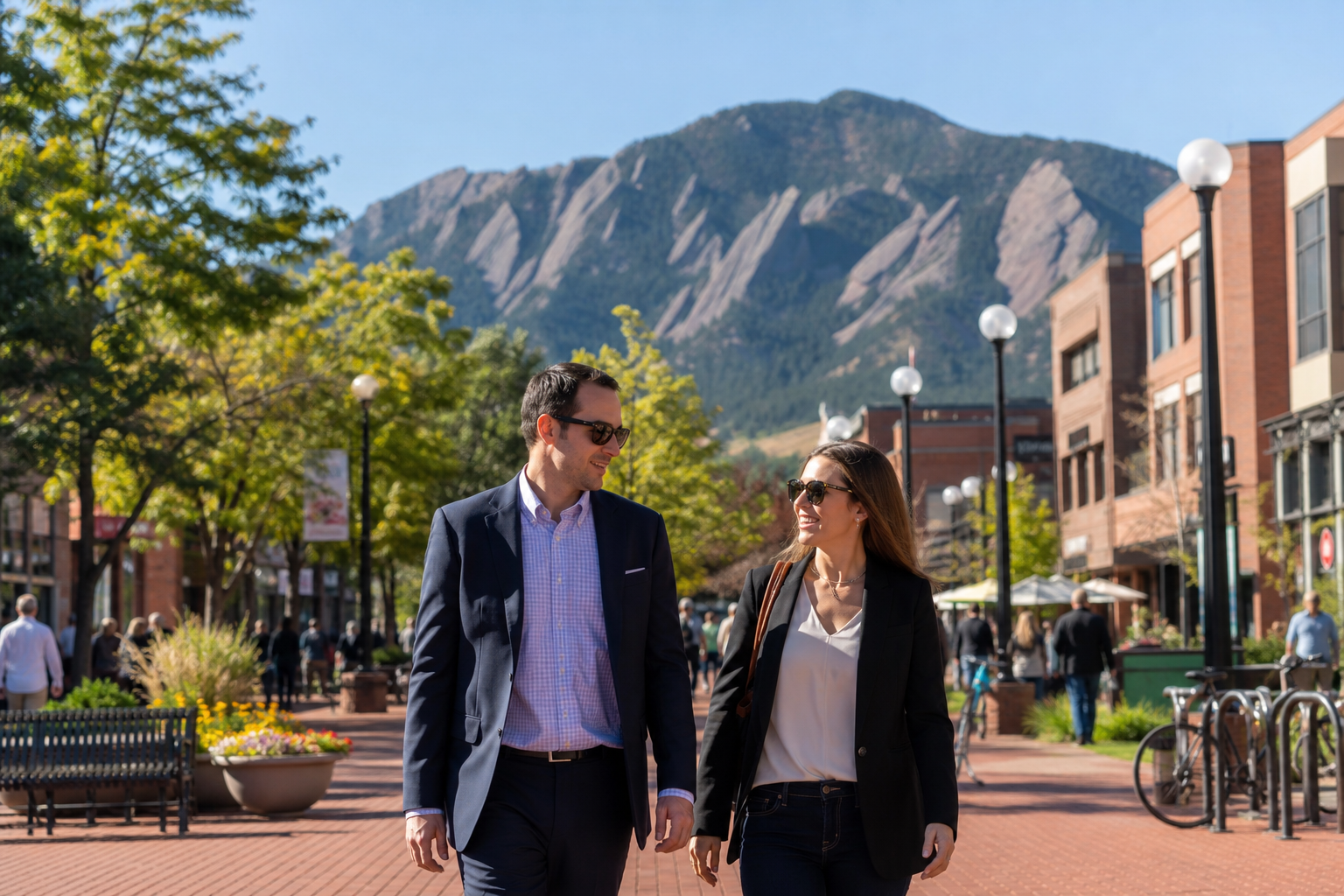 Professionals walking along Pearl Street Mall with Flatirons in background