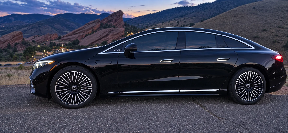 Arion&rsquo;s all-electric 2023 Mercedes-Benz EQS 450 parked with the Red Rocks foothills behind it