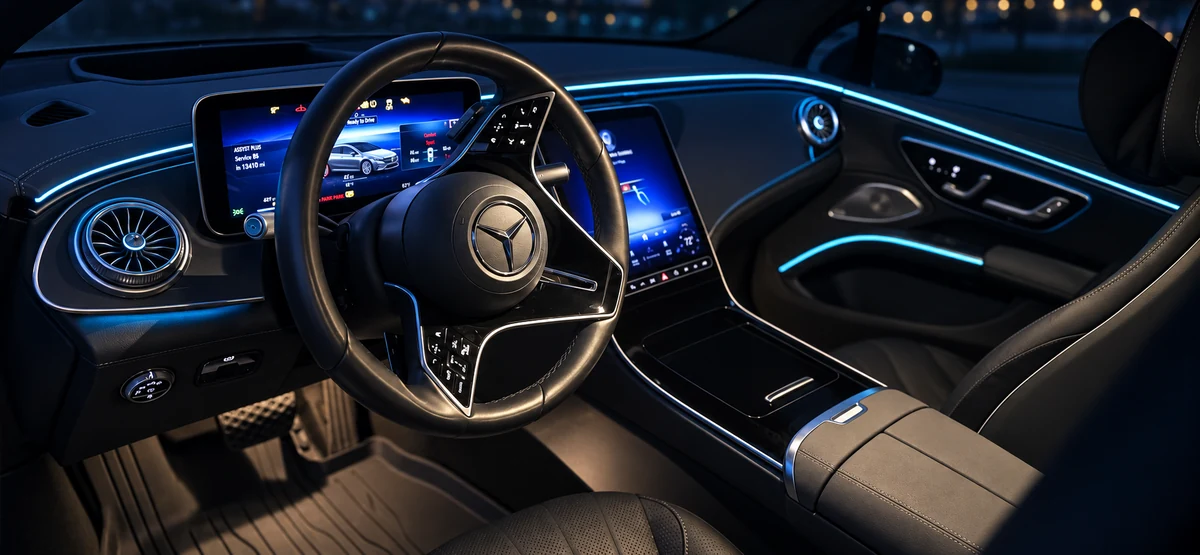 Front cabin of Arion’s 2023 Mercedes-Benz EQS 450 showing the driver displays and blue ambient cabin lighting at night