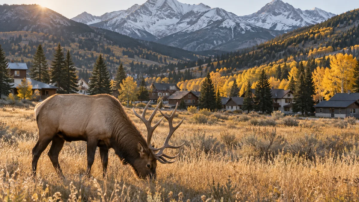 Bull elk grazing in a meadow at the edge of Estes Park in autumn with snow-dusted peaks behind