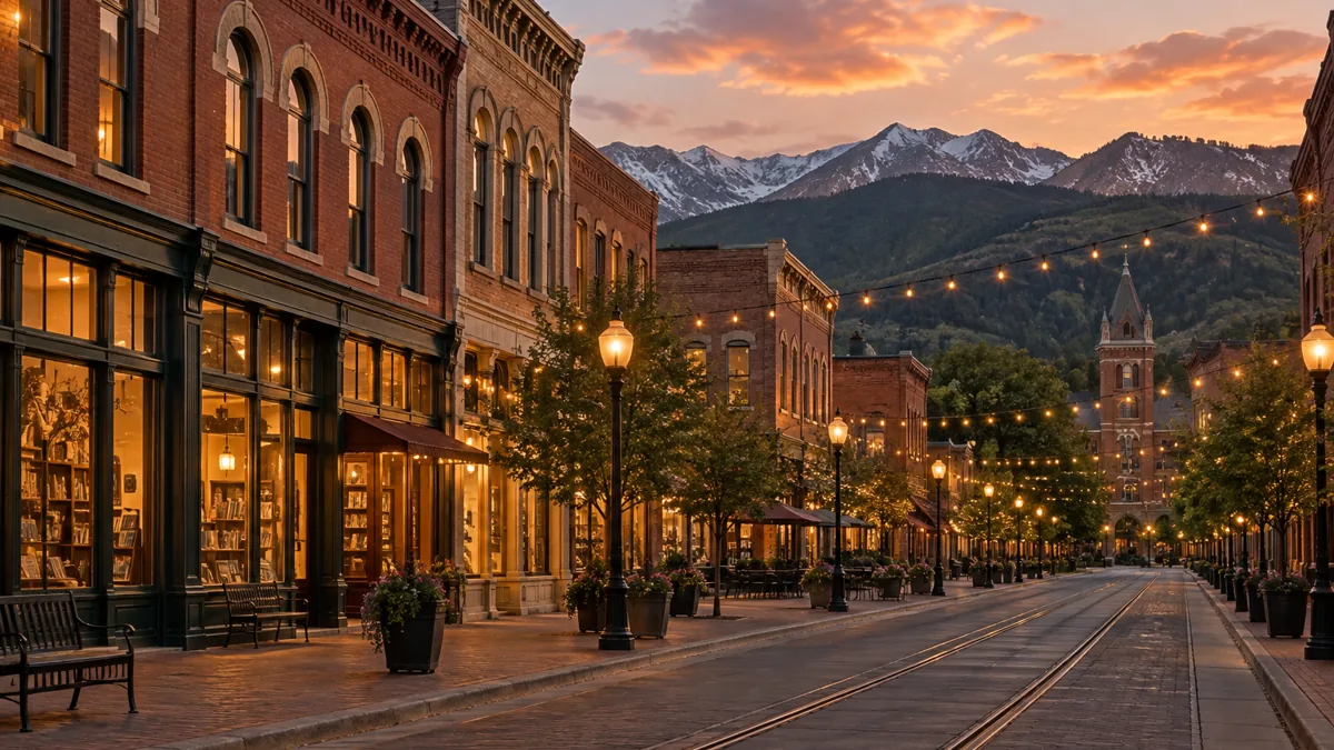 Historic brick storefronts around Old Town Square in Fort Collins at dusk