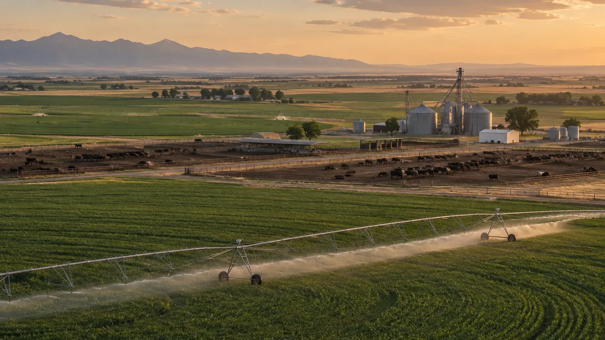 Irrigated farmland and grain silos on the northern Colorado plains with the front range on the horizon