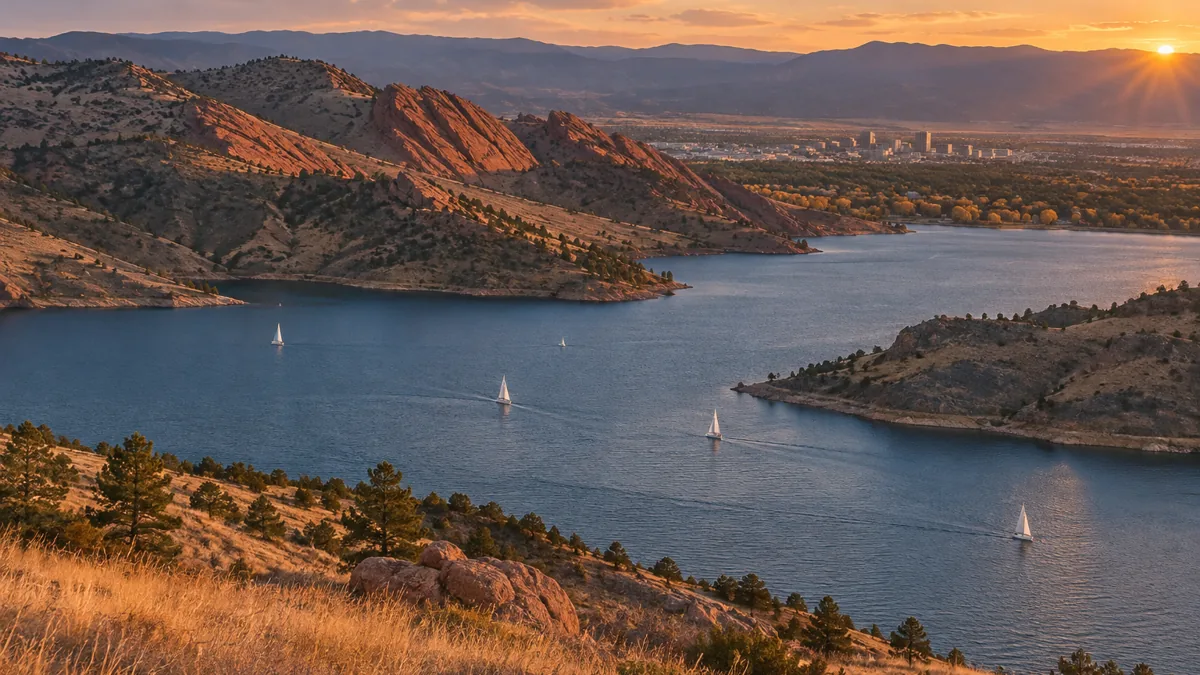 Horsetooth Reservoir between the foothill hogbacks at sunset