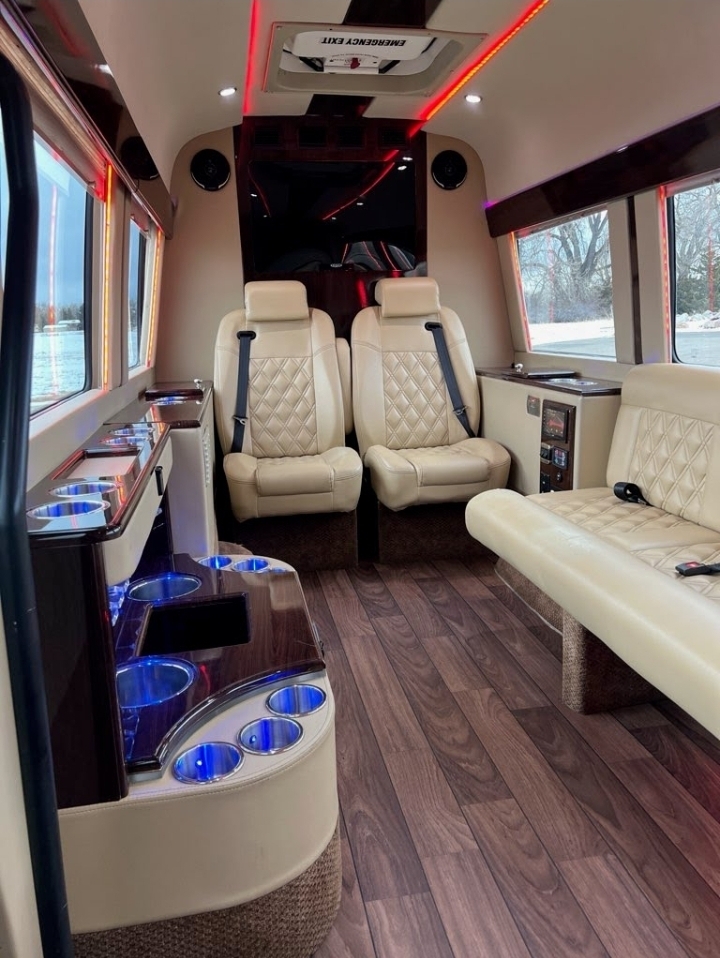 Jet Sprinter luxury interior with hardwood floors - Denver car service fleet