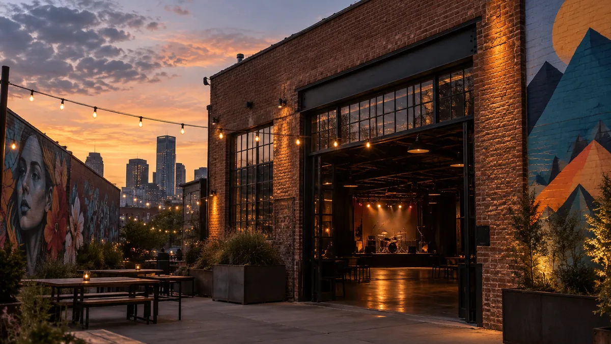 Music venue in Denver's RiNo arts district at dusk