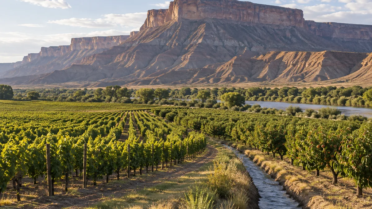 Vineyards and peach orchards at Palisade under the Book Cliffs