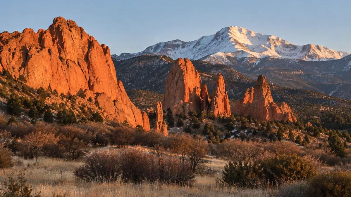 Red sandstone formations of Garden of the Gods at sunrise with Pikes Peak behind