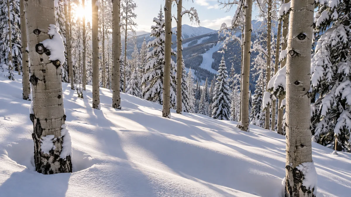 Untracked powder snow between widely spaced aspen trees on Steamboat's slopes