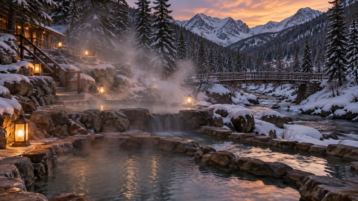 Steaming hot spring pools in a snowy valley near Steamboat Springs at dusk