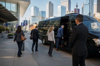 Conference attendees boarding a black luxury coach van outside the Denver convention center