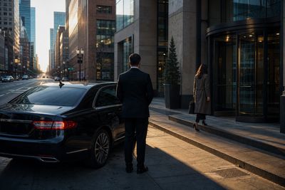 Chauffeur beside a black sedan outside a downtown Denver office tower at sunrise