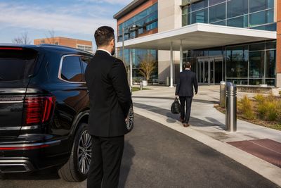 Chauffeur holding an open SUV door outside a modern medical campus building in Aurora
