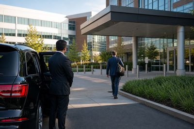 Chauffeur loading luggage into a black SUV under the canopy of a downtown Denver hotel at night