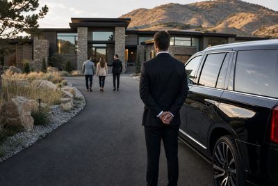Real estate agent and buyers walking to a luxury Colorado home from a waiting black SUV