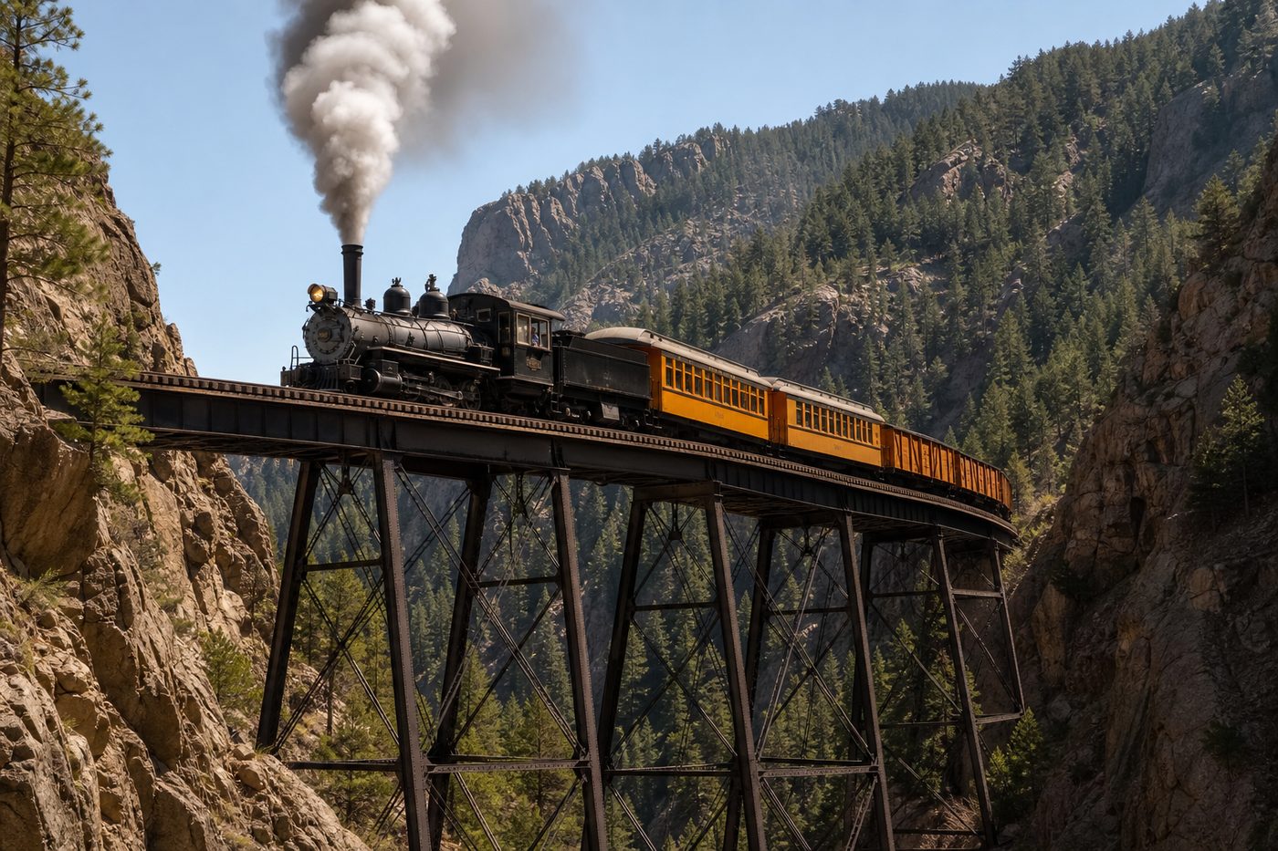 Georgetown Loop Railroad steam train crossing Devil's Gate trestle bridge