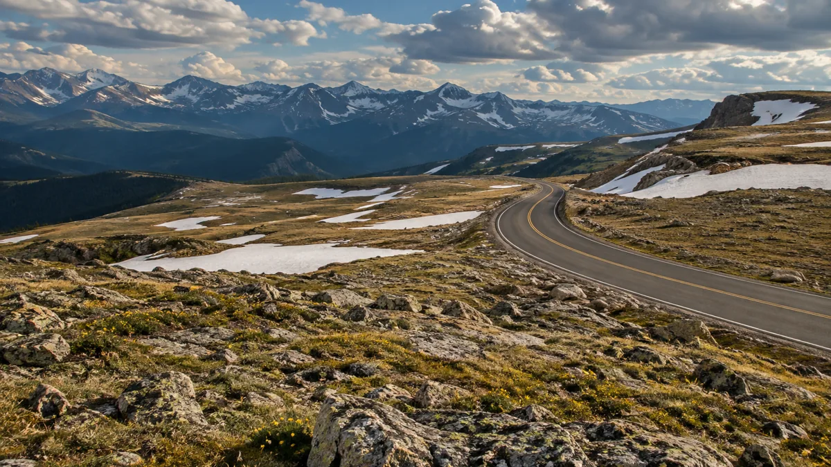 Trail Ridge Road crossing alpine tundra above 12,000 feet in Rocky Mountain National Park