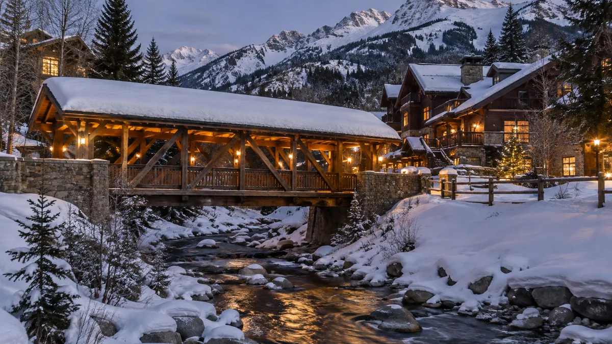 The covered bridge into Vail Village, Colorado