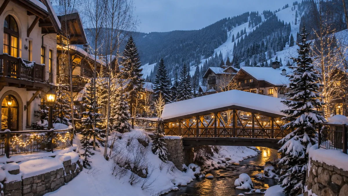 Vail Village at dusk: covered footbridge over Gore Creek, lit timber buildings and the ski mountain behind