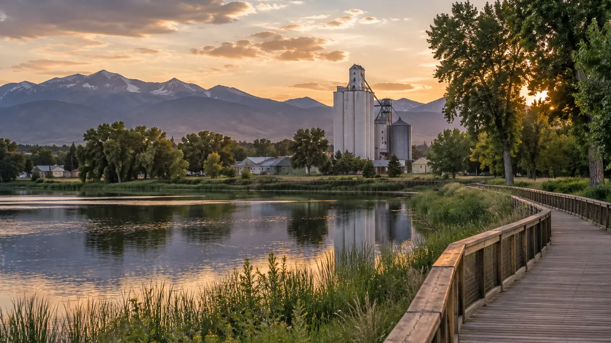 A small northern Colorado town beside a lake with a grain elevator and cottonwoods