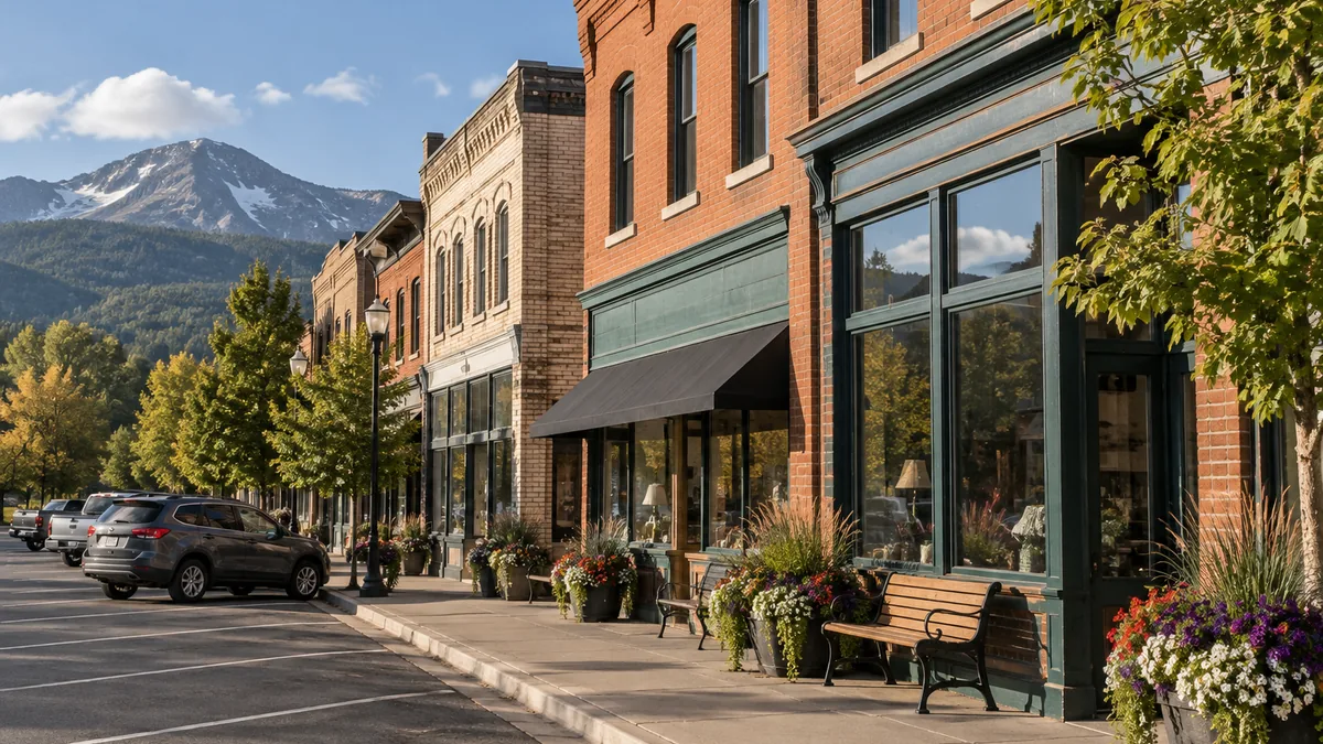 Restored brick storefronts on Main Street in Windsor, Colorado