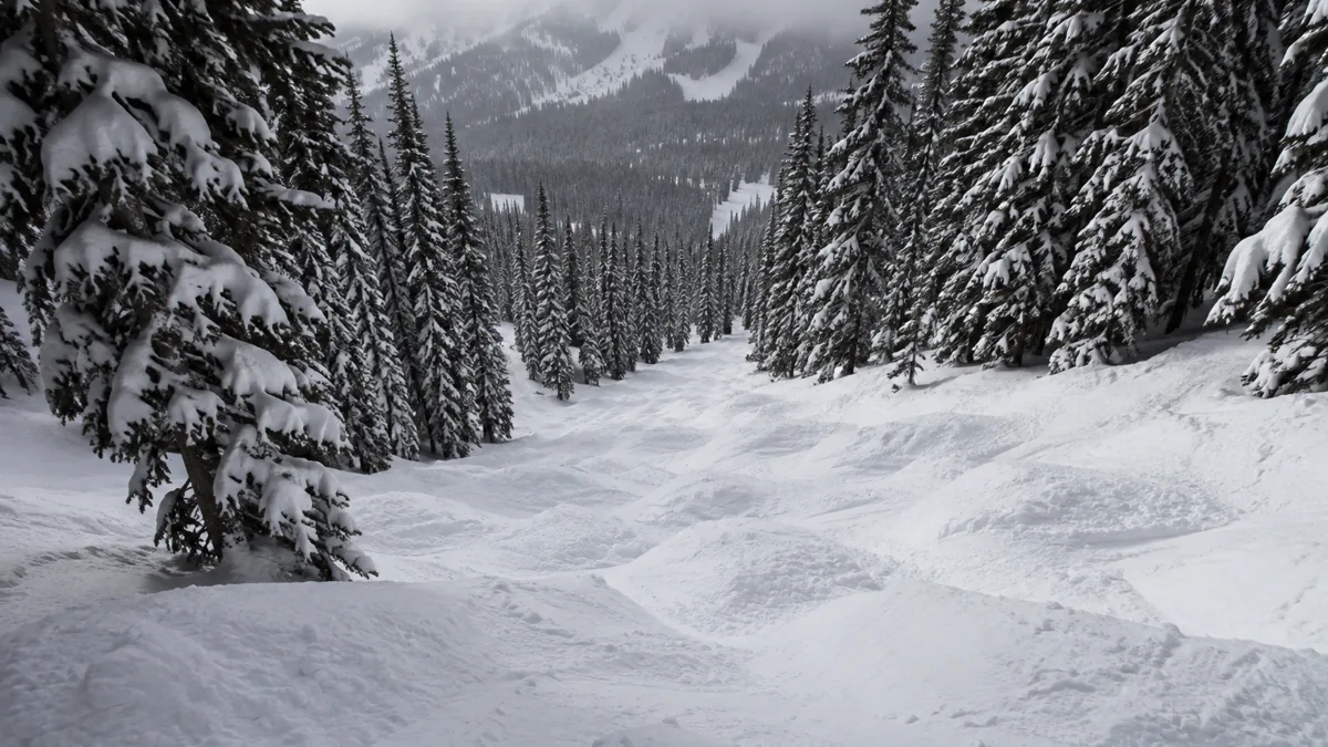 Steep mogul run through spruce trees on Mary Jane at Winter Park